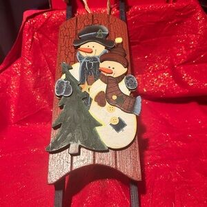 Festive Snowman and Tree Holiday wood Sled Decoration to hang on your door-